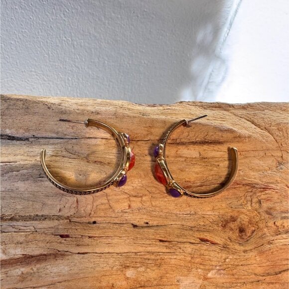 Barse Thai Bronze Earrings Amethyst & Spiny Oyster Orange Stone Semi Hoop Boho - Picture 2 of 9